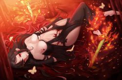 Rule 34 | 1girl, absurdres, bad id, bad pixiv id, bare shoulders, barefoot, black dress, blood, blood splatter, breasts, brown hair, bug, butterfly, center opening, choker, collarbone, dress, ear piercing, earrings, fate/grand order, fate (series), fire, highres, insect, jewelry, long hair, looking at viewer, lying, medium breasts, navel, on back, piercing, red eyes, revealing clothes, ripples, solo, strapless, strapless dress, sword, thighs, twit eg0, very long hair, weapon, yu mei-ren (fate)