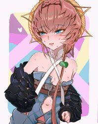 Rule 34 | 1girl, absurdres, bare shoulders, belt, black sleeves, blue eyes, blue overalls, blush, braid, brown hair, buckle, clothing cutout, crown braid, fangs, fate/grand order, fate (series), flat chest, heart, highres, navel, navel cutout, open mouth, orange headwear, overalls, puffy short sleeves, puffy sleeves, shimogamo (shimomo 12), short sleeves, side braid, solo, striped clothes, striped headwear, sweat, upper body, van gogh (fate), zipper pull tab
