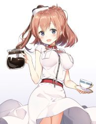 Rule 34 | 10s, 1girl, :d, anchor, belt, blue eyes, blush, breast pocket, breasts, brown hair, coffee, coffee cup, coffee pot, commentary request, cowboy shot, cup, disposable cup, dress, hair between eyes, kantai collection, large breasts, looking at viewer, masuishi kinoto, open mouth, pocket, saratoga (kancolle), shima (shima je), side ponytail, smile, solo, white background, white dress