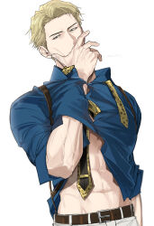 Rule 34 | 1boy, abs, belt, black eyes, blonde hair, blue shirt, brown belt, closed mouth, clothes lift, collared shirt, covering own mouth, cowboy shot, hand over own mouth, hand up, highres, jujutsu kaisen, looking at viewer, male focus, nanami kento, necktie, pants, shirt, shirt lift, short hair, simple background, sleeves rolled up, solo, ssss7777 7, standing, tsurime, white background, white pants, yellow necktie