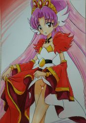 Rule 34 | 1girl, absurdres, akagi towa, ashigaki radar, belt, black belt, bracelet, censored, choker, clothes lift, collarbone, cure scarlet, detached sleeves, dress, dress lift, earrings, go! princess precure, head wings, highres, jewelry, long hair, long sleeves, looking at viewer, no panties, parted lips, pointy ears, ponytail, precure, purple hair, pussy, red background, red dress, red eyes, standing, teeth, two-tone background, white background, wide sleeves, wings