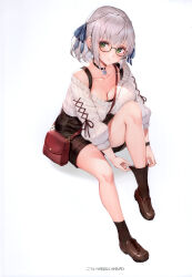 Rule 34 | 1girl, absurdres, adjusting clothes, adjusting legwear, bag, bow, braid, breast press, breasts, choker, cleavage, collarbone, full body, glasses, green eyes, grey hair, hair bow, hair ornament, highres, hololive, large breasts, looking at viewer, official alternate costume, parted lips, scan, shadow, shirogane noel, shirogane noel (casual), shoes, simple background, sitting, skirt, socks, virtual youtuber, watao, watch, white background, wristwatch