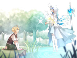 Rule 34 | 1boy, 1girl, aether (genshin impact), ahoge, alternate costume, axe, barefoot, blonde hair, blue eyes, blue hair, brown vest, commentary, english commentary, floating, floating hair, floating object, forest, furina (genshin impact), genshin impact, grass, green pants, highres, hood, hood up, hooded robe, lake, long hair, looking at another, multicolored hair, nature, outdoors, pants, profile, robe, shirt, short hair, short sleeves, toes, torn clothes, tree, two-tone hair, vest, water, white hair, white robe, white shirt, yellow eyes, yuushiba