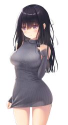 Rule 34 | 1girl, bare shoulders, black hair, blush, breasts, closed mouth, clothes grab, commentary, cowboy shot, grey sweater, hair between eyes, hair ribbon, hand in own hair, hand up, highres, long hair, looking to the side, medium breasts, na-ga, original, panties, purple eyes, ribbed sweater, ribbon, side-tie panties, sidelocks, simple background, sleeves past wrists, solo, standing, sweater, thighs, turtleneck, turtleneck sweater, underwear, white background, white ribbon