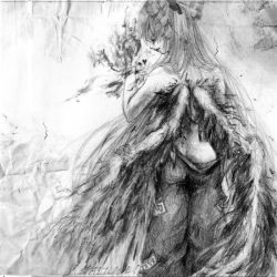Rule 34 | 1girl, annoyed, artist request, back, female focus, fiery wings, fire, fujiwara no mokou, grey theme, greyscale, monochrome, sketch, solo, spaetlese, topless, touhou, traditional media, wings