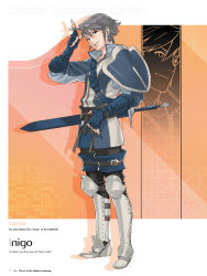 Rule 34 | 1boy, absurdres, armor, armored boots, belt, boots, brown eyes, character name, earrings, fingerless gloves, fire emblem, fire emblem awakening, full body, gloves, grey hair, hand up, highres, inigo (fire emblem), jewelry, kozaki yuusuke, long sleeves, looking at viewer, male focus, nintendo, page number, pants, short hair, shoulder armor, simple background, smile, solo, standing, sword, weapon