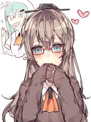 Rule 34 | 10s, 2girls, blue eyes, blush, brown hair, commentary, ear piercing, earrings, english text, eyebrows, glasses, hands on own face, heart, jewelry, kantai collection, kumano (kancolle), kvlen, long sleeves, multiple girls, own hands together, piercing, red-framed eyewear, sketch, sleeves past wrists, stud earrings, suzuya (kancolle), sweater
