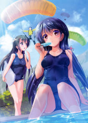 Rule 34 | 2girls, absurdres, blue hair, blue one-piece swimsuit, blush, breasts, chain-link fence, day, fence, food, green hair, highres, ice cream, kickboard, komatsu eiji, long hair, multiple girls, old school swimsuit, one-piece swimsuit, open mouth, original, outdoors, parachute, poolside, popsicle, scan, school swimsuit, sitting, soaking feet, standing, swimsuit, water
