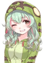 Rule 34 | 10s, 1girl, animal hood, blush, boomslang (kemono friends), breasts, brown eyes, collarbone, drawstring, eyelashes, green hair, green jacket, grin, hair between eyes, hood, hoodie, jacket, kemono friends, large breasts, long hair, long sleeves, looking at viewer, multicolored hair, nose blush, one eye closed, pink hair, pink lips, ringlets, rojiko, simple background, smile, solo, streaked hair, tareme, teeth, two-tone hair, upper body, white background
