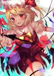 Rule 34 | 1girl, absurdres, bad arm, bad hands, blonde hair, bow, bowtie, breasts, collared shirt, crystal, fang, flandre scarlet, frilled shirt collar, frills, hat, highres, holding, holding polearm, holding weapon, medium breasts, medium hair, mob cap, multicolored wings, open mouth, pointy ears, polearm, puffy short sleeves, puffy sleeves, red eyes, red ribbon, red skirt, red vest, ribbon, ribbon-trimmed headwear, ribbon trim, shirt, short sleeves, simple background, skin fang, skirt, skirt set, solo, toho sweet, touhou, vest, weapon, white background, white hat, white shirt, wings, yellow bow, yellow bowtie