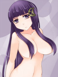 Rule 34 | 1girl, aoshima, blunt bangs, breasts, crescent, crescent hair ornament, female focus, hair censor, hair ornament, hair over breasts, hairclip, highres, large breasts, long hair, navel, nude, out-of-frame censoring, patchouli knowledge, solo, topless frame, touhou, upper body