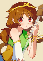 Rule 34 | 144udy, 1girl, absurdres, blush, brown hair, circlet, detached sleeves, dress, green dress, highres, long hair, looking at viewer, monkey tail, multicolored clothes, multicolored dress, parted lips, red eyes, short twintails, simple background, single detached sleeve, solo, son biten, tail, test tube, touhou, twintails, upper body, white sleeves, yellow background, yellow dress