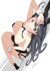 Rule 34 | 1girl, ahoge, animal ears, black hair, black leotard, blush, bow, bowtie, breasts, brown eyes, commentary request, covered navel, detached collar, fake animal ears, high heels, highres, kantai collection, large breasts, leotard, long hair, looking at viewer, lying, playboy bunny, rabbit ears, smile, solo, strapless, strapless leotard, tetsukuzu (yajirushi shita), traditional bowtie, twitter username, ushio (kancolle), white background, wrist cuffs