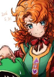 Rule 34 | 1boy, 1girl, blue eyes, closed mouth, curly hair, dated, dragon quest, dragon quest vii, dress, hero (dq7), hood, jewelry, long hair, looking at viewer, maribel (dq7), morino shoutarou, orange hair, ring, simple background, smile, white background