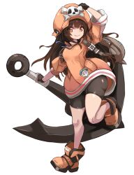 Rule 34 | 1girl, anchor, arm up, backpack, bag, bike shorts, black gloves, black shorts, boots, brown eyes, brown hair, dress, fingerless gloves, full body, gloves, guilty gear, hand on headwear, hat, highres, karukan (monjya), leg up, long hair, may (guilty gear), orange dress, orange footwear, orange hat, short dress, shorts, shorts under dress, smile, solo, standing, standing on one leg, thighs, weapon, wind, wind lift