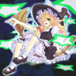 Rule 34 | 1girl, bad id, bad pixiv id, blonde hair, bloomers, braid, broom, broom riding, dress, female focus, full body, hair ribbon, hat, kirisame marisa, long hair, mary janes, one eye closed, open mouth, ribbon, shoes, socks, solo, star (symbol), touhou, underwear, visket53, wink, witch, witch hat, yellow eyes