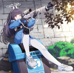 Rule 34 | 1girl, aiming, animal ears, arrow (symbol), ass, black gloves, black hair, blue archive, blunt bangs, commentary request, fake animal ears, female focus, full body, gloves, gun, hairband, halo, highres, holding, holding gun, holding weapon, long hair, long sleeves, looking away, miyu (blue archive), one eye closed, outdoors, pantyhose, pleated skirt, rabbit ears, recycle bin, recycling symbol, red eyes, rifle, school uniform, serafuku, shoes, sidelocks, sitting, skirt, sneakers, sniper rifle, solo, ting tao soul, weapon, white pantyhose