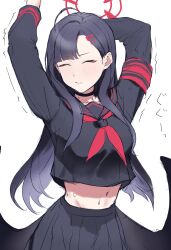 Rule 34 | 1girl, absurdres, armband, arms up, black choker, black hair, black sailor collar, black serafuku, black skirt, blue archive, choker, closed eyes, closed mouth, facing viewer, hair ornament, hairclip, halo, highres, ichika (blue archive), long hair, long sleeves, low wings, midriff, navel, neckerchief, red armband, red neckerchief, sailor collar, saiun sigma, school uniform, serafuku, simple background, sketch, skirt, solo, stretching, sweat, trembling, upper body, white background, wings