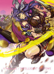 Rule 34 | 1girl, alt text, belt, boots, breasts, cleavage, coin, eyepatch, faceless, faceless male, fingerless gloves, fire emblem, fire emblem: new mystery of the emblem, fire emblem cipher, gloves, hiroaki (kof), long hair, malice (fire emblem), midriff, navel, nintendo, official art, purple hair, solo, sword, teeth, weapon