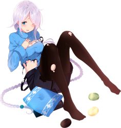 Rule 34 | 1girl, bag, blue eyes, blue neckwear, blue sweater, braid, breasts, cushion, full body, hair tie, kantai collection, kujou ichiso, large breasts, long hair, mole, mole under eye, official art, one eye closed, pantyhose, parted bangs, shopping bag, single braid, soap, sweater, torn clothes, torn legwear, transparent background, umikaze (kancolle), very long hair, white hair