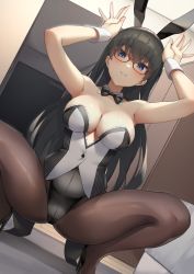 Rule 34 | 1girl, animal ears, bad id, bad pixiv id, bare shoulders, black hair, black leotard, blue eyes, blush, bow, bowtie, breasts, brown pantyhose, cleavage, covered navel, detached collar, fake animal ears, glasses, grin, hands up, highleg, highleg leotard, highres, large breasts, leotard, long hair, looking at viewer, original, pantyhose, pinta (ayashii bochi), playboy bunny, rabbit ears, rabbit pose, smile, solo, squatting, wrist cuffs
