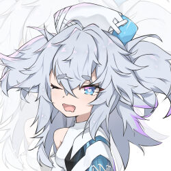 Rule 34 | 1girl, ;o, absurdres, blue eyes, commentary, florence (neural cloud), girls&#039; frontline, girls&#039; frontline neural cloud, grey hair, heart, heart-shaped pupils, highres, looking at viewer, medium hair, messy hair, nurse, one eye closed, open mouth, pa-15 (girls&#039; frontline), pakua, short eyebrows, single bare shoulder, solo, symbol-shaped pupils, upper body, zoom layer