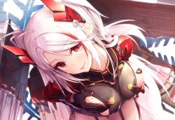 Rule 34 | 1girl, antenna hair, azumi akitake, azur lane, blush, breasts, breasts squeezed together, closed mouth, cross, gloves, hair between eyes, headgear, iron cross, large breasts, leaning forward, leotard, long hair, long sleeves, looking at viewer, mole, mole on breast, multicolored hair, prinz eugen (azur lane), red eyes, red hair, rigging, silver hair, smile, solo, streaked hair, two side up, very long hair