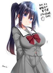 Rule 34 | ..., 1girl, black hair, blue eyes, blush, bow, breasts, closed mouth, collarbone, grey shirt, grey skirt, hair between eyes, highres, large breasts, long hair, mokufuu, original, pleated skirt, ponytail, red bow, shirt, simple background, skirt, solo, spoken ellipsis, translation request, twitter username, very long hair, white background