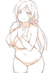 Rule 34 | 1girl, blush, bra, breasts, collarbone, cowboy shot, duke (inu daimyou), hair ornament, hair scrunchie, hands on own chest, large breasts, long hair, looking at viewer, love live!, love live! school idol project, monochrome, navel, panties, scrunchie, smile, solo, stomach, thigh gap, tojo nozomi, twintails, underwear, underwear only