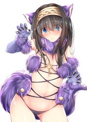 Rule 34 | 1girl, absurdres, animal costume, animal ears, bare shoulders, black hair, black panties, blue eyes, blush, breasts, claw pose, claws, cleavage, cosplay, elbow gloves, fate/grand order, fate (series), fur trim, gloves, go-1, hairband, halloween costume, highres, idolmaster, idolmaster cinderella girls, long hair, looking at viewer, mash kyrielight, mash kyrielight (dangerous beast), mash kyrielight (dangerous beast) (cosplay), navel, o-ring, o-ring top, official alternate costume, panties, purple gloves, sagisawa fumika, shielder (fate/grand order), shielder (fate/grand order) (cosplay), simple background, solo, tail, underwear, white background, wolf costume, wolf ears, wolf tail