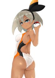 Rule 34 | 1girl, absurdres, ass, bea (pokemon), competition swimsuit, cowboy shot, creatures (company), dark-skinned female, dark skin, from behind, game freak, grey eyes, grey hair, gym leader, hairband, highres, nintendo, one-piece swimsuit, onihime takun, poke ball, poke ball (basic), pokemon, pokemon swsh, short hair, solo, standing, swimsuit, two-tone swimsuit, ultra ball