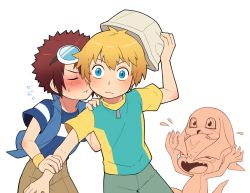 Rule 34 | 2boys, blonde hair, blouse, blue eyes, blue shirt, blue vest, blush, brown hair, brown pants, child, commentary request, covering another&#039;s eyes, cowboy shot, digimon, digimon (creature), digimon adventure 02, fang, frown, goggles, goggles on head, green pants, hat, holding, holding clothes, holding hat, kiss, lao wen, male focus, motomiya daisuke, multiple boys, open mouth, pants, patamon, sharp teeth, shirt, simple background, surprised, sweatdrop, takaishi takeru, teeth, unworn hat, unworn headwear, v, v-mon, vest, white background, yaoi