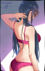 Rule 34 | 1girl, arm at side, arm up, ass, back, bare arms, bare shoulders, blue eyes, blue hair, blue nails, bra, breasts, character request, copyright request, from behind, hair over shoulder, isshiki (ffmania7), long hair, looking at viewer, looking back, medium breasts, midriff, nail polish, panties, pink bra, pink panties, shoulder blades, sidelocks, signature, sunlight, thighs, tsurime, twitter username, underwear, underwear only, very long hair