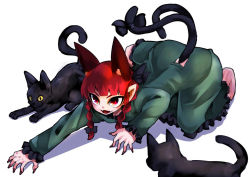 Rule 34 | 1girl, all fours, animal ear fluff, animal ears, barefoot, black bow, black cat, blunt bangs, bow, braid, cat, cat ears, cat tail, clothing cutout, dress, extra ears, eyebrows hidden by hair, fangs, fingernails, full body, green dress, hair bow, hair ribbon, kaenbyou rin, long fingernails, long hair, long sleeves, looking ahead, multiple tails, nail polish, nekomata, petticoat, pointy ears, red eyes, red hair, red nails, ribbon, sharp fingernails, sleeves past wrists, slit pupils, solo, spread legs, tail, tail bow, tail ornament, tail through clothes, toes, top-down bottom-up, touhou, tress ribbon, twin braids, twintails, two tails, v-shaped eyebrows, yutori (inu-hito)
