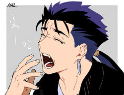 Rule 34 | 1boy, black jacket, blue hair, border, closed eyes, cu chulainn (fate), earrings, fate/stay night, fate (series), fingernails, grey background, hal (haaaalhal), jacket, jewelry, long hair, male focus, open mouth, ponytail, signature, sleepy, squeans, tears, teeth, translation request, upper body, white border, yawning
