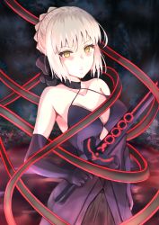 Rule 34 | 1girl, artoria pendragon (all), artoria pendragon (fate), black bow, black ribbon, black skirt, blush, bow, braid, braided bun, breasts, choker, cleavage, collarbone, elbow gloves, excalibur morgan (fate), fate/stay night, fate (series), forest, formal, gloves, gothic lolita, hair between eyes, hair bow, hair bun, highres, holding, holding sword, holding weapon, lolita fashion, medium breasts, nature, night, outdoors, pleated skirt, purple gloves, purple shirt, ribbon, ripi ur, saber alter, shirt, short hair, silver hair, skirt, skirt suit, sleeveless, sleeveless shirt, solo, standing, suit, sword, weapon, yellow eyes