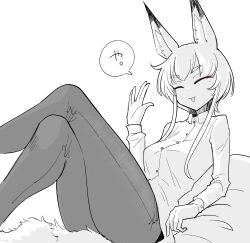Rule 34 | 1girl, :3, ahoge, animal ear fluff, animal ears, breasts, closed eyes, collared shirt, colored eyelashes, commentary request, crossed legs, cushion, denim, dress shirt, eyeshadow, facing viewer, feet out of frame, fox ears, fox girl, fox tail, greyscale, hand up, highres, hip focus, jeans, long sideburns, long sleeves, looking at viewer, makeup, medium breasts, monochrome, open mouth, original, pants, pink eyeshadow, sakifox, shirt, short hair, short hair with long locks, sideburns, sidelocks, simple background, sitting, sitting on object, sleeve cuffs, smile, solo, speech bubble, spot color, tail, thick eyebrows, thighs, translation request, waving, white background, wing collar