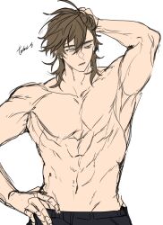 1boy brown_hair commentary_request green_eyes grey_background groin hair_between_eyes hand_on_own_head hand_on_own_hip isoi_reiji korean_commentary male_focus medium_hair muscular muscular_male no_nipples saibou_shinkyoku sanpaku shunnyun simple_background sketch solo topless_male upper_body