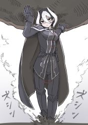 Rule 34 | 1girl, arms up, belt, black cape, black eyes, black footwear, black gloves, black hair, black jacket, black pants, boulder, brown outline, buttons, cape, carrying overhead, chain, collared cape, commentary, dust cloud, feet out of frame, gloves, hair between eyes, highres, jacket, jaggy lines, jitome, long sleeves, looking at viewer, made in abyss, multicolored hair, o-ring, o-ring belt, origami gyokuo, ozen, pants, short hair, simple background, solo, sound effects, streaked hair, translated, two-tone hair, walking, whistle, whistle around neck, white background, white hair