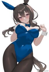 Rule 34 | 1girl, admire vega (umamusume), animal ears, bare shoulders, black pantyhose, blue bow, blue bowtie, blue leotard, blush, bow, bowtie, breasts, brown hair, closed mouth, detached collar, ear covers, frown, hand on own chest, highleg, highleg leotard, highres, horse ears, horse girl, horse tail, large breasts, leotard, long hair, long sleeves, looking at viewer, lying, nontraditional playboy bunny, pantyhose, purple eyes, sleeves past wrists, solo, strapless, strapless leotard, tail, thigh gap, umamusume, zukanosuke