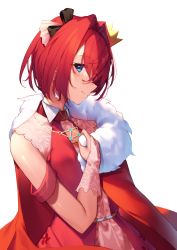 Rule 34 | 1girl, ange katrina, ange katrina (3rd costume), bare shoulders, blue eyes, bridal gauntlets, cloak, closed mouth, commentary request, crown, dress, fur-trimmed cloak, fur trim, hair intakes, hair over one eye, highres, mini crown, nijisanji, red cloak, red dress, red hair, see-through, simple background, sleeveless, sleeveless dress, smile, solo, tilted headwear, virtual youtuber, white background, yuuki nao (pixiv10696483)