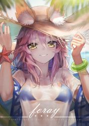 Rule 34 | 1girl, animal ear fluff, animal ears, bikini, bikini under clothes, blue bikini, blurry, bracelet, breasts, depth of field, fate/grand order, fate (series), fox ears, grin, hair between eyes, hands on headwear, hat, jewelry, long hair, looking at viewer, low twintails, medium breasts, mins (minevi), outdoors, pink hair, see-through, shirt, sidelocks, smile, solo, straw hat, sun hat, swimsuit, t-shirt, tamamo (fate), tamamo no mae (fate/extra), tamamo no mae (swimsuit lancer) (fate), tamamo no mae (swimsuit lancer) (second ascension) (fate), twintails, upper body, wet, wet clothes, wet shirt, yellow eyes