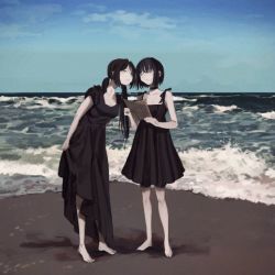 Rule 34 | 2girls, barefoot, beach, black dress, breasts, choker, closed eyes, closed mouth, cloud, day, dress, freng, full body, half-closed eyes, holding, holding paper, long hair, multiple girls, original, outdoors, pale skin, paper, sand, shadow, short hair, sky, standing, water, waves