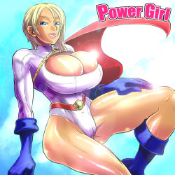 Rule 34 | 1girl, animification, belt, blue footwear, boots, breasts, cape, cleavage, cleavage cutout, clothing cutout, dc comics, gloves, huge breasts, leotard, lips, murata (acid-head), power girl, short hair, solo, superman (series)