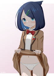 Rule 34 | 1girl, absurdres, aqua eyes, artist name, badge, blue hair, blush, bow, bowtie, brown jacket, brown skirt, closed mouth, clothes lift, commentary, cowboy shot, cowlick, creatures (company), embarrassed, game freak, gradient background, hair ornament, hairclip, highres, indigo academy school uniform, jacket, lifting own clothes, liko (pokemon), long sleeves, medium hair, navel, nintendo, panties, parted bangs, pink background, pokemon, pokemon (anime), pokemon horizons, red bow, red bowtie, school uniform, simple background, sirokohi, skirt, skirt lift, solo, standing, underwear, white panties