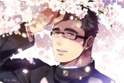 Rule 34 | 1boy, bara, black hair, blurry, blurry foreground, cherry blossoms, close-up, falling petals, gakuran, glasses, glowing, glowing petals, hand on own face, jin akhr, long sideburns, male focus, mole, mole under eye, motoori shiro, muscular, muscular male, open mouth, petals, rimless eyewear, school uniform, short hair, sideburns, smile, solo, thick eyebrows, tokyo houkago summoners, twitter username, white background