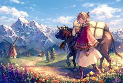 Rule 34 | 1girl, akagi shun, bell, boots, brown footwear, bull, chinese zodiac, cloak, cloud, covered wagon, cowbell, day, dirt road, field, flower, grass, hair ribbon, head wreath, hood, hooded cloak, looking at viewer, looking to the side, mountain, mountainous horizon, original, outdoors, path, red cloak, ribbon, road, short hair, skirt, smile, solo, standing, tree, white skirt, windmill, year of the ox