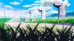 Rule 34 | anchoku 0621, bad id, bad pixiv id, blue sky, building, cloud, cloudy sky, day, grass, highres, house, mountain, no humans, outdoors, road, ruins, scenery, sky, summer, utility pole