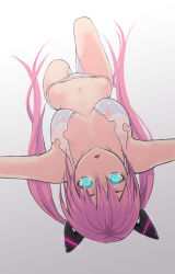 Rule 34 | 1girl, :o, bare shoulders, bikini, blush, breasts, cleavage, foreshortening, glowing, glowing eyes, hair between eyes, knee up, long hair, looking at viewer, medium breasts, navel, original, outstretched arms, parted lips, pink hair, simple background, solo, swimsuit, twintails, upside-down, very long hair, white background, yuuji (and)