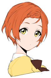 Rule 34 | 10s, 1girl, braid, braided bangs, cropped torso, from side, green eyes, highres, hoshizora rin, looking at viewer, love live!, love live! school idol project, orange hair, portrait, sekina, short hair, simple background, sketch, solo, upper body, white background